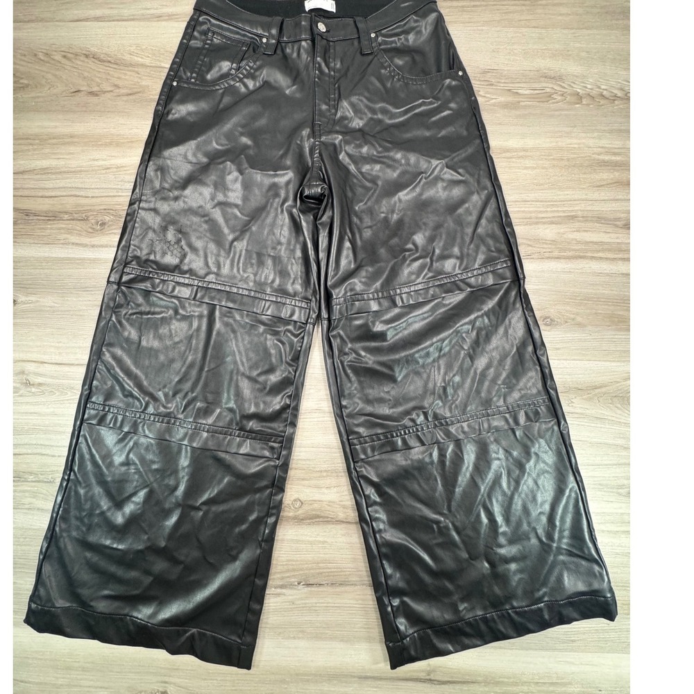 Thrashed ASOS Design Womens Black Faux Leather Wide Leg Pants High Rise Size 34W